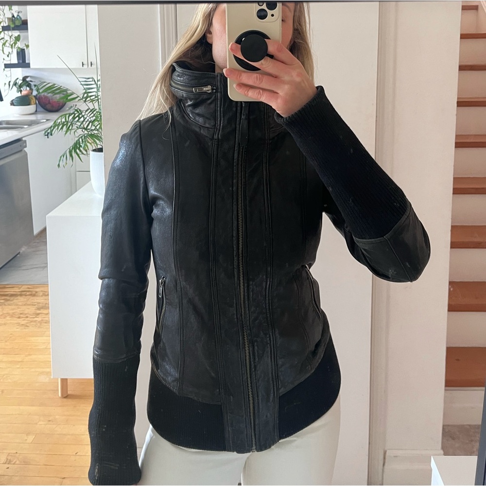 Mackage Leather Jacket (High neck, hidden hood)